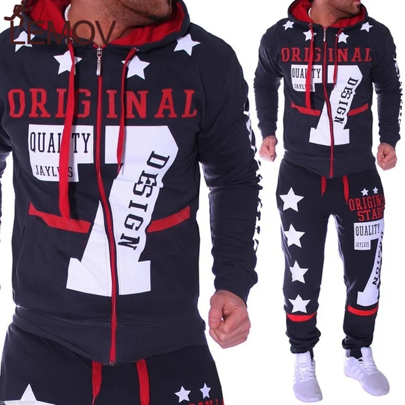 

LEMOV 2 Pieces Men's Fashion Hooded running Sets Hit Color Mosaic Stars Sweater Sweatsuit Men Track Suit Set Men Clothes 2019