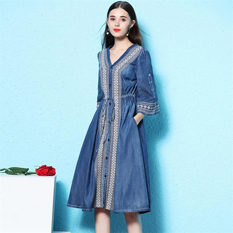 Women Spring autumn embroidered Drawstring slim waist Sexy V-neck Denim Dresses Vintage Jeans Dress Streetwear Plus Size Vestido