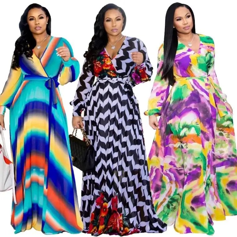 

S~XXL New style African Women clothing Dashiki fashion Printed Chiffon V-neck full dress