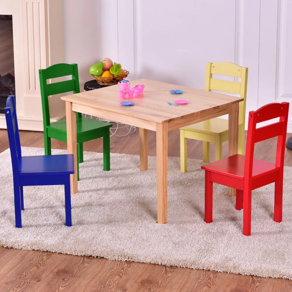 Goplus Kids 5 Piece Table Chair Set Pine Wood Multicolor Children Play Room Furniture HW55008