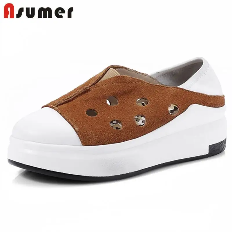 

ASUMER NEW 2018 fashion fretwork flat platform women suede leather+cow leather round toe loafers summer shoes casuals shoes
