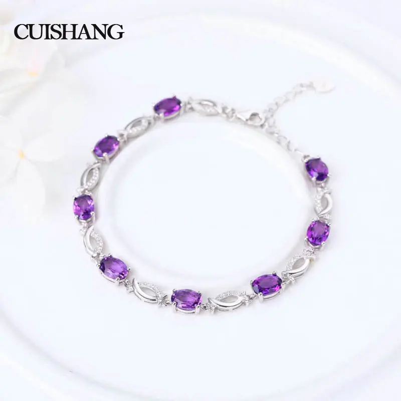 

CSJ 100% real natural gemstone bracelet with Amethyst in 925 sterling silver for womenWedding Engagement Valentine Party gift