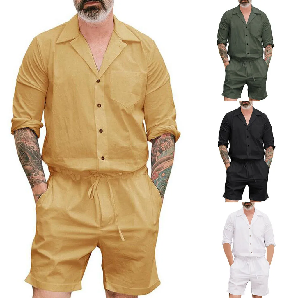 

2019 New Shorts Men Summer New Style Fashion Pure-Colour Large Size Clothes Button Jumpsuit Clothing Short Homme Spodenki Meskie