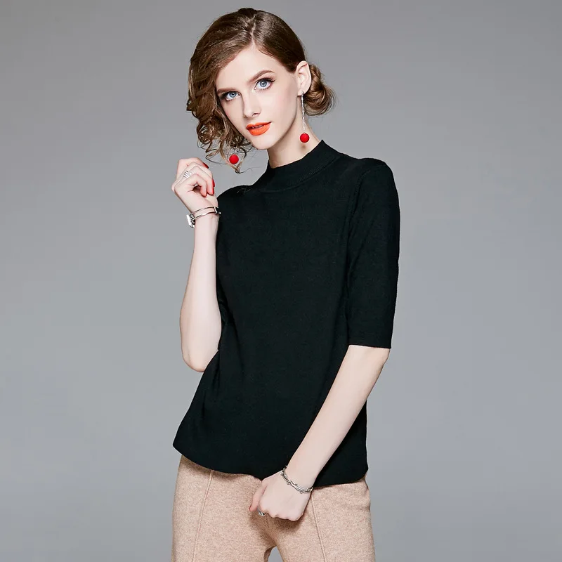 Solid half sleeve elastic knit slim sweater shirts 2018 new stand neck women autumn basic sweater