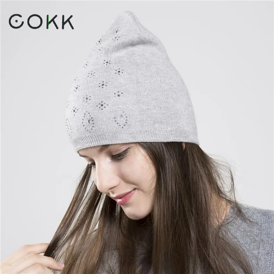 COKK шерстяные зимние шапки бини для женщин Skullies Beanies Hat для женщин Стразы цветок вязаная шапка для девочек чулок шапка женский чепчик