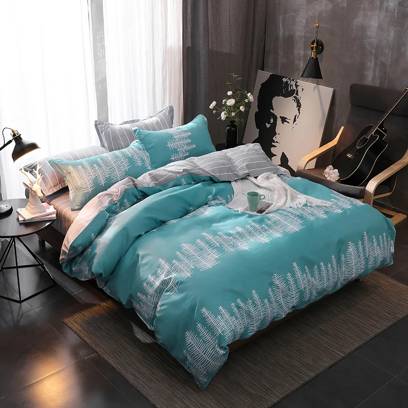 Home Textile King Queen Twin Bed Linen Girl Kid Teen Bedding Set white blue Leaf Duvet Quilt