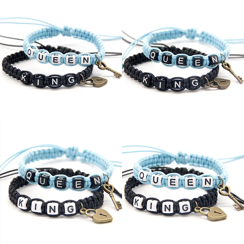 

2pcs/pair Handmade Couple Bracelets Elegant Black Blue Beadeds King Queen With Key Lock Rope Chains Lovers Women Men Gifts Craft