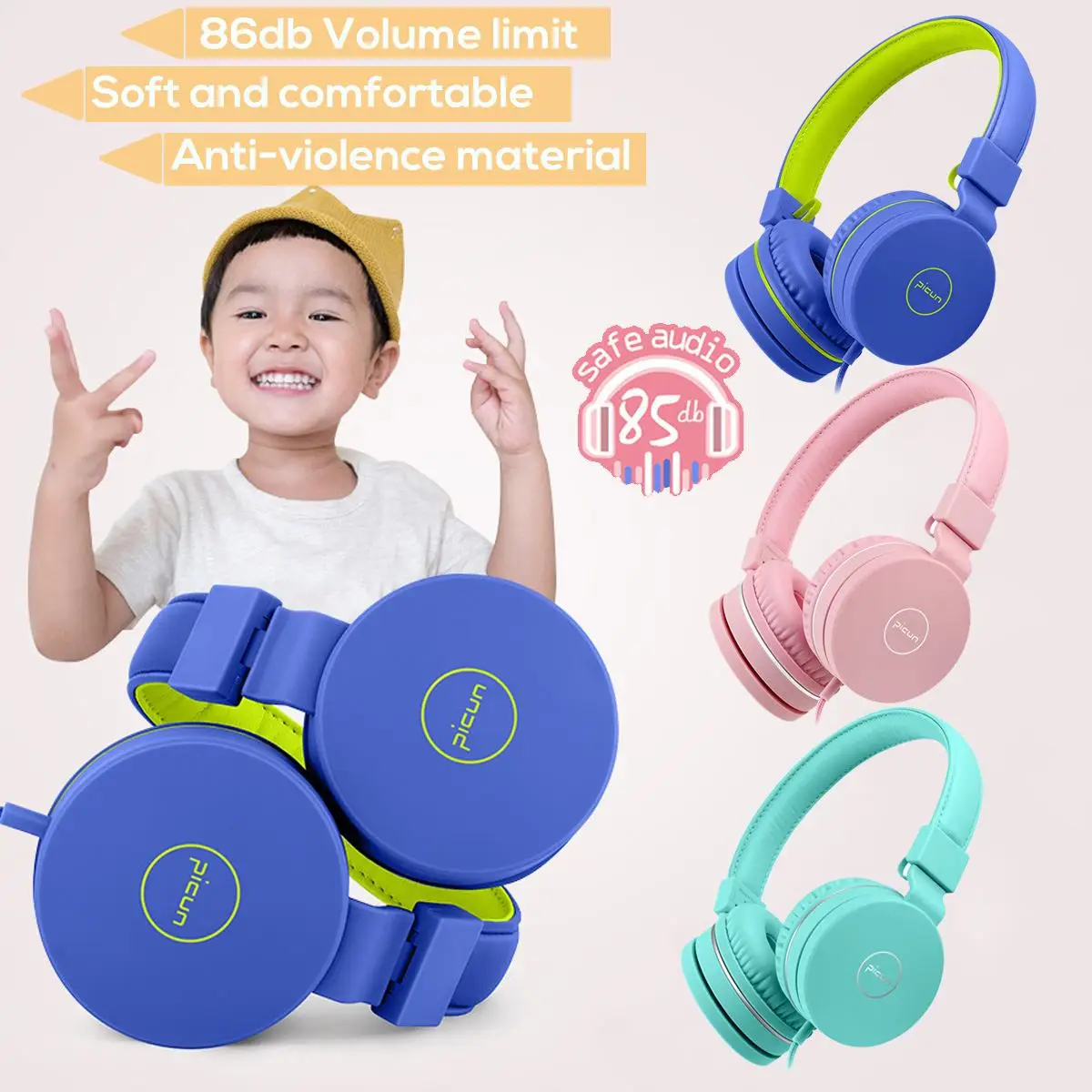 Foldable Wired Kids Headphones 85dB Safely Children Child Over Ear Portable Headset for Phones Computer Tablet PC Music
