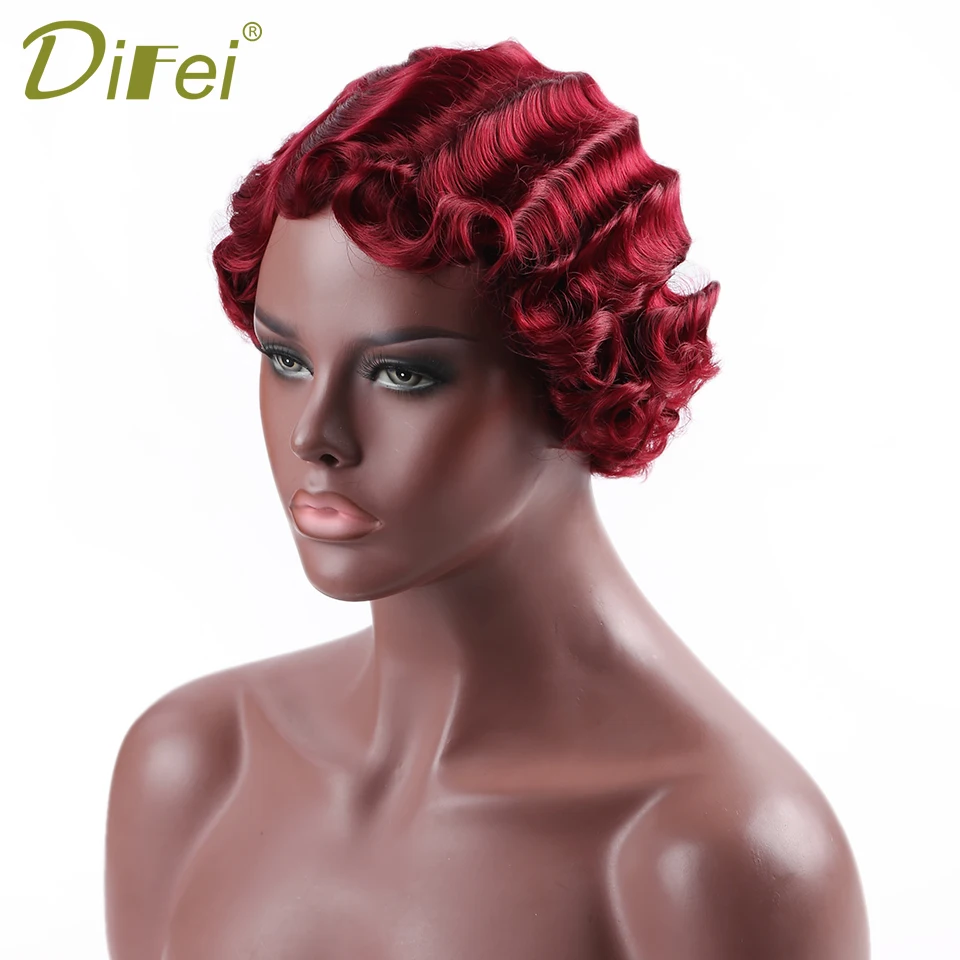 

DIFEI Red Short Curly Wigs for African American Women Heat Resistant Synthetic Pink Purple Finger Waves Wig