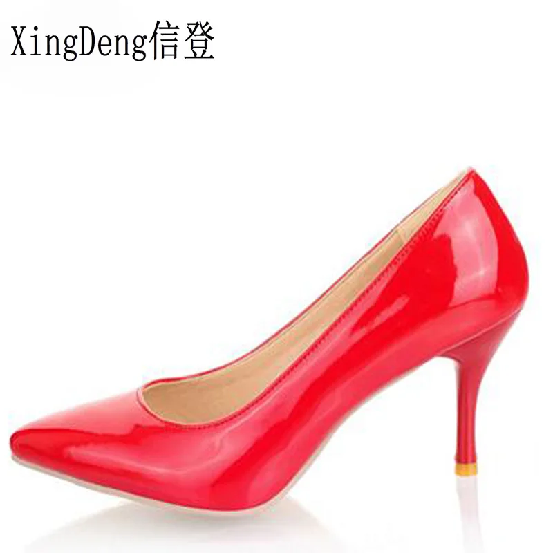 

XingDeng Women Shoes Office Ladies High Heels Patent Leather Women Pumps Pointed Toe European Princess Shoes Plus Size 30-47