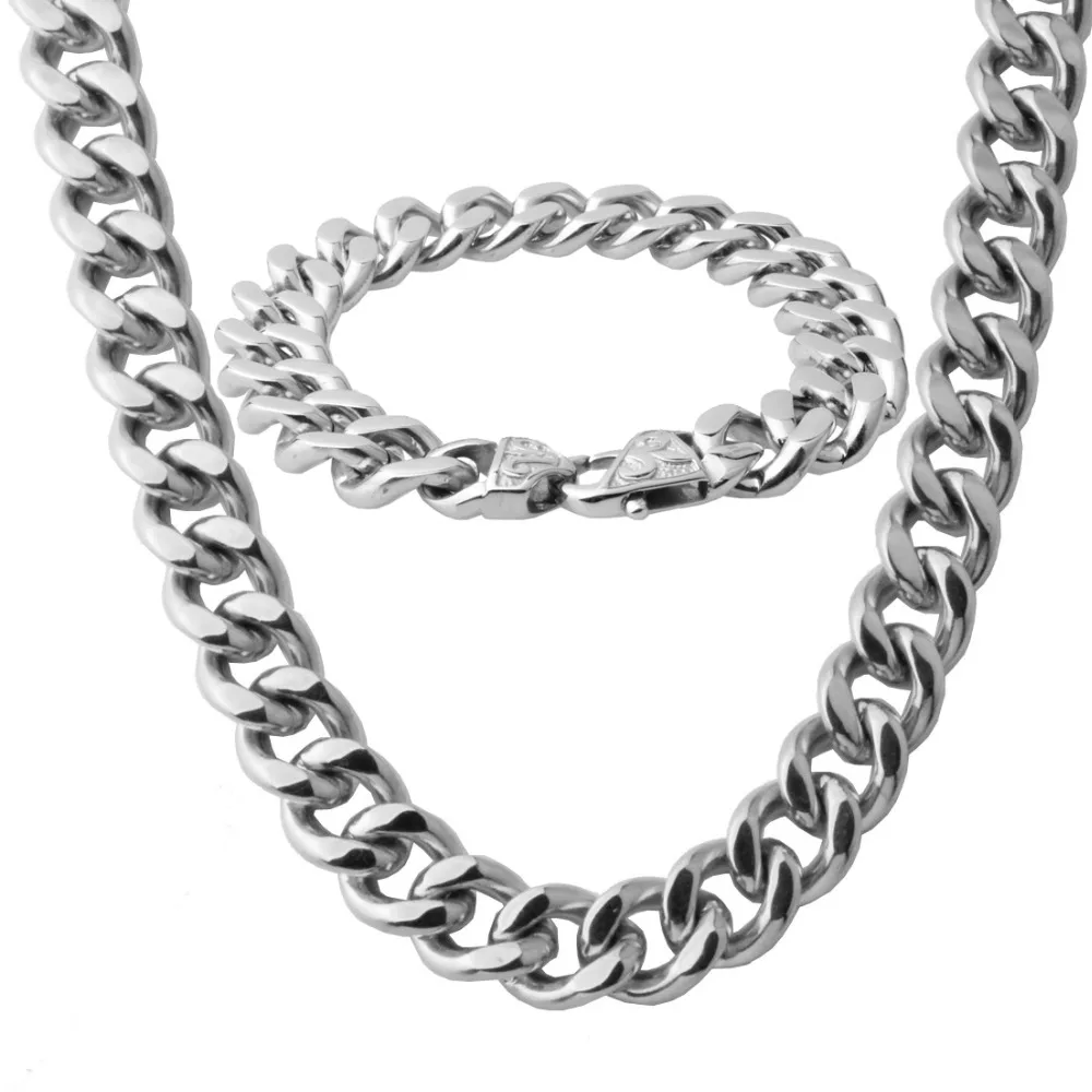 

Hip Hop Cuban Chain Men's Necklace Bracelet Jewelry Set 316L Stainless Steel Gold Silver Black 15mm