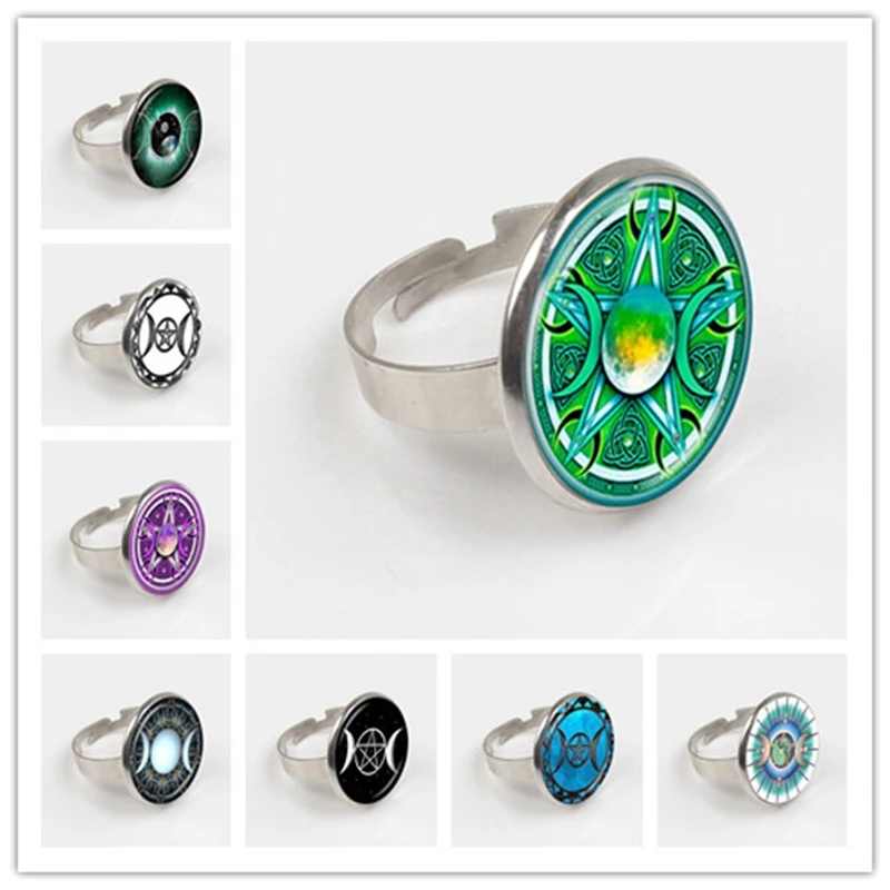 

Triple Moon Goddess Ring Pentagram Ring Witch Jewelry Glass Dome Wiccan Ring Silver Charm Wicca Jewellery gift