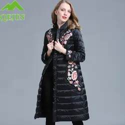 Зимняя пуховая куртка для QEJIN пальто с цветочным принтом вышивка QEJIN; зимняя куртка элегантный Сгущает леди Длинная верхняя одежда женский
