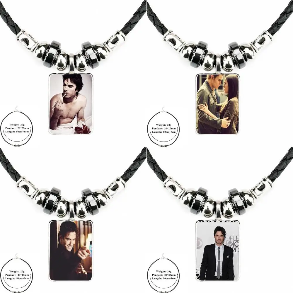 

Vampire Diary Damon Cute For Women Gift Glass Cabochon Necklace Pendant Customizable Black Leather Bead Pendant Necklace Jewelry