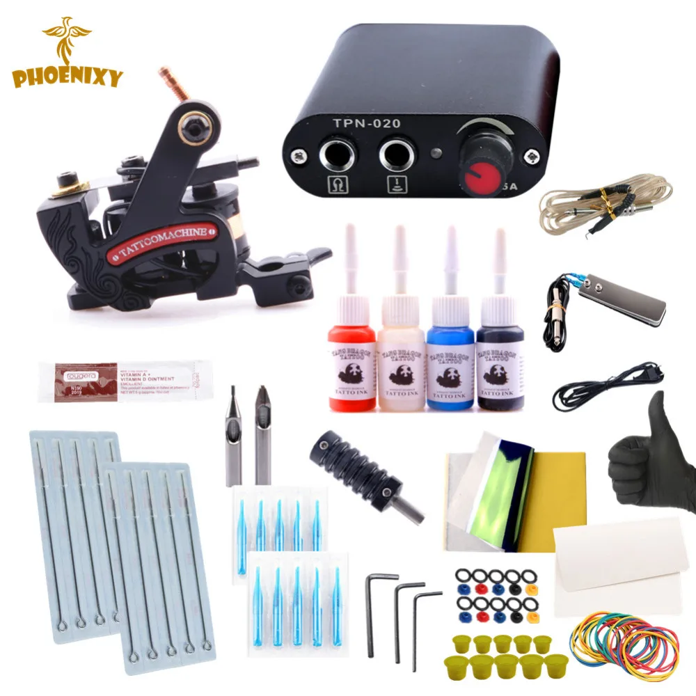 

Tattoo Kit One Tattoo Machine Gun Beginner Tattoo Power Supplies Professional 4Color Pigment Kit Tattoo Grips Body Art Makeup