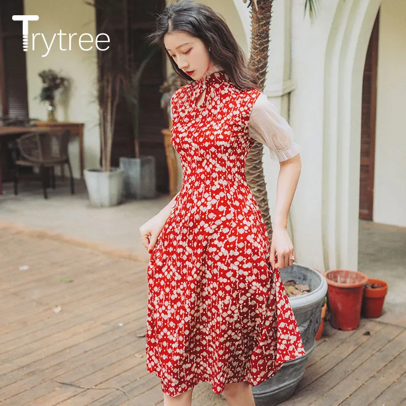 Trytree Summer Women Dress Casual Elegant Mandarin Collar Lantern Sleeve Ruffles Print Dresses Mid-Calf A-line Cheongsam Dress