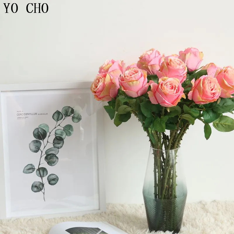 YO CHO Artificial Flower High Quality Thailand Rose Flower Fake Leaves For Wedding Home Garden Moisturizing Felt Fake Flowers