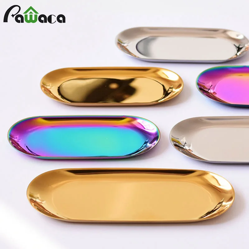  Colorful Stainless Steel Storage Tray Metal Gold Oval Dish Plate Small Items Cosmetics Jewelry Orga