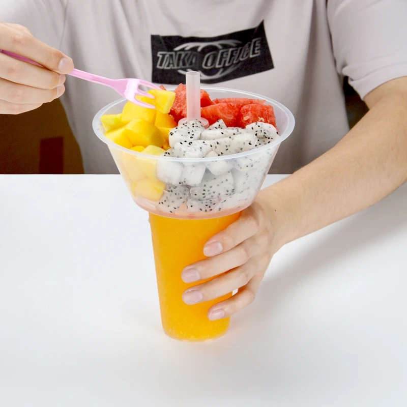 

Disposable Injection Plastic Milk Tea Coffee Beverage Fruit Juice Cup with Fruit Salad Tray High Transparent Web Starde Dicated