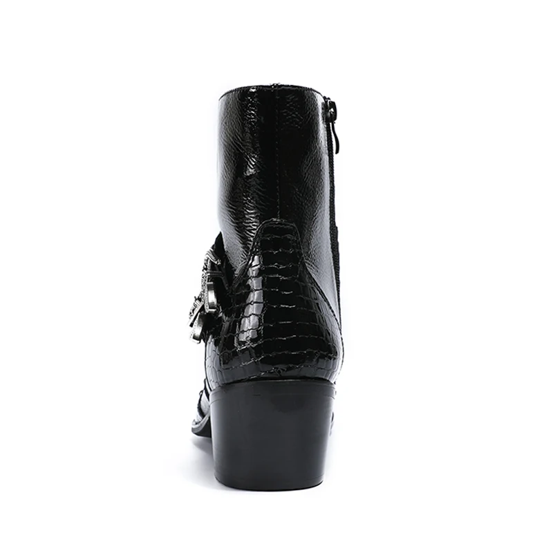 Плюс Размеры черный человек на высоком каблуке Острый носок обувь ручной работы Лакированная кожа шипованных Для мужчин ковбойские мотоциклетные ботильоны SL410