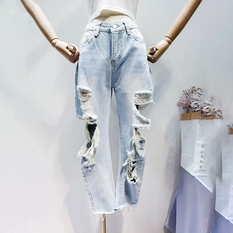 

[EWQ] 2019 Spring Summer New Pattern Denim Patchwork Hole High Waist Streetwear Asymmetrical Jeans Women Fashion Tide AG38905XL