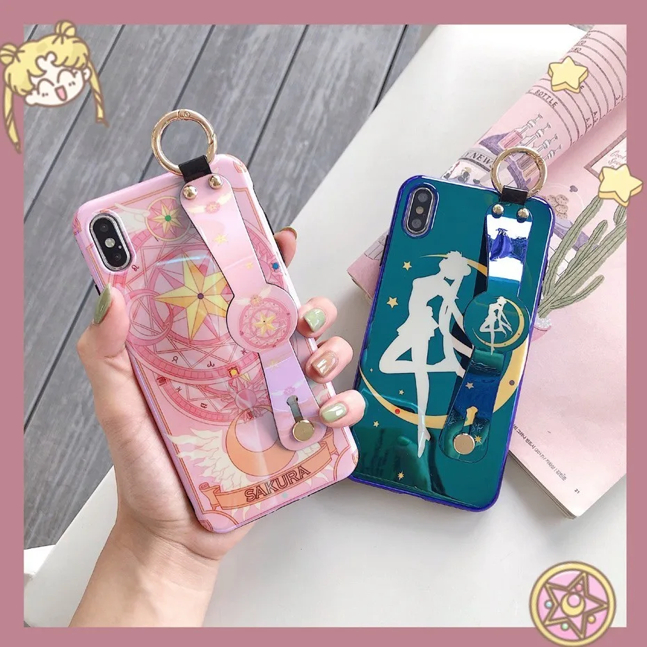 

Sailormoon Case for iPhone XS Max XR X Kawaii Sailor Moon Mars Blue Ray Wrist Strap Stand Phone Cover for iPhone 7 8 6 6S Plus