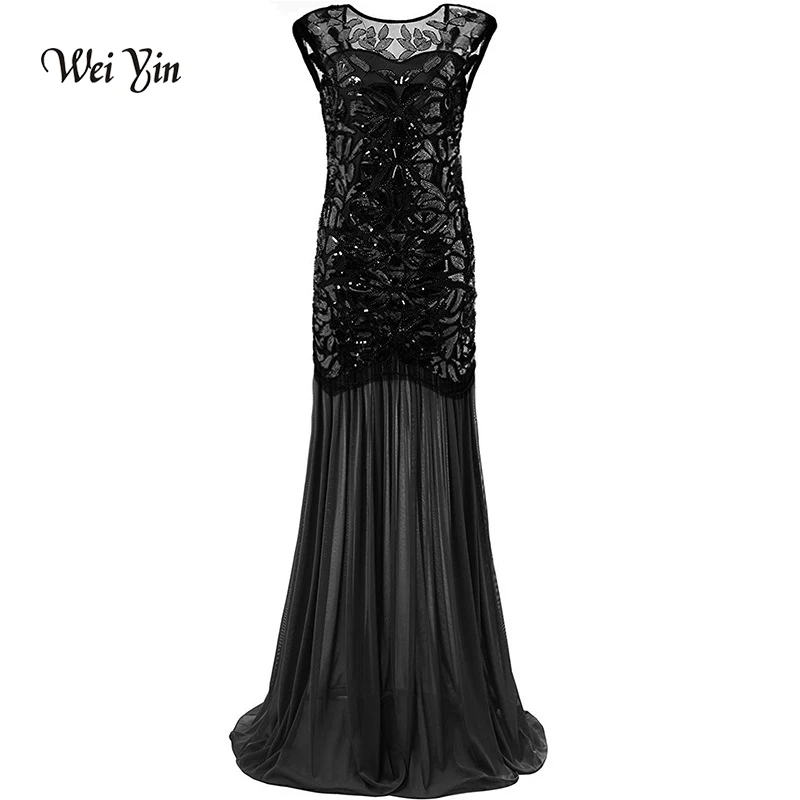 

weiyin Vintage 1920'S New Crystal See Through Zipper Long Mermaid Evening Dresses Vestidos de Noche Black Party Prom Dresses