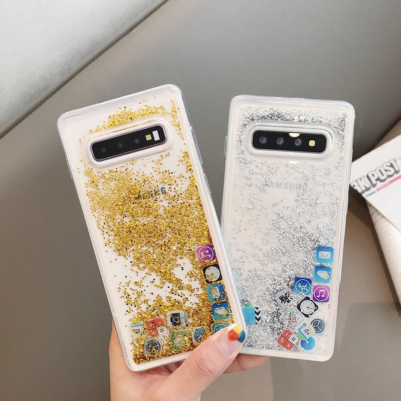 

Music app Glitter Dynamic Liquid Quicksand Case For Samsung Galaxy S10 plus Soft TPU Case Cover For Galaxy S10 lite S10e Capa