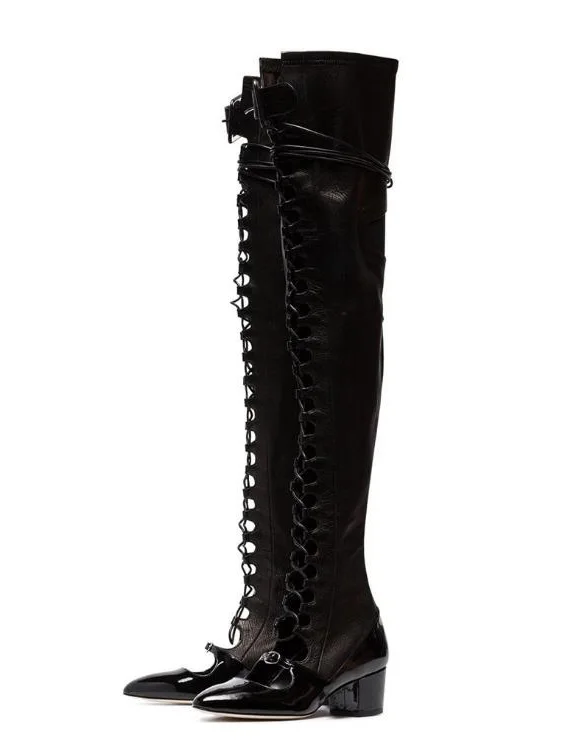 New Designer Black Leather Thigh High Boots Round Toe Lace up Cut out
