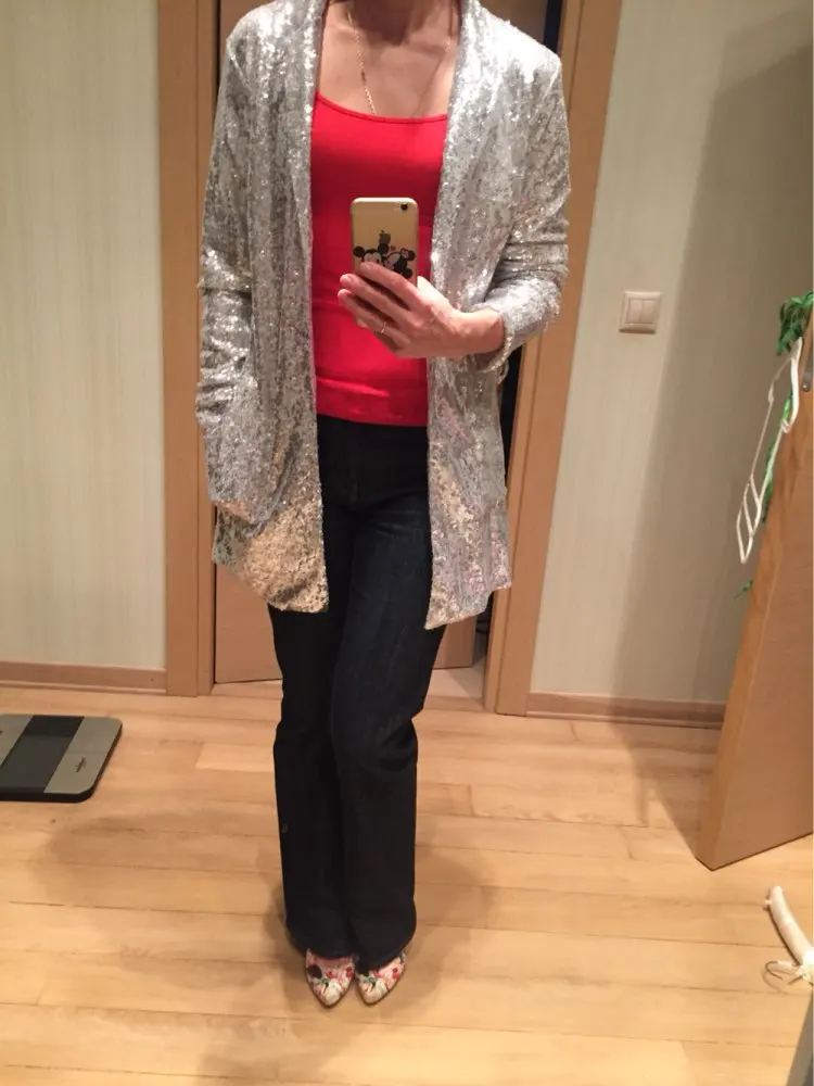 Finest  HDY Haoduoyi Autumn Fashion Women Silver Sequined Coats Turn-down Collar Long Sleeve Outwears Cardi