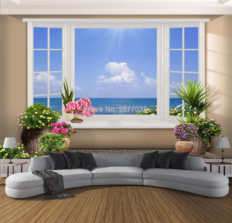 Custom Wall Cloth 3D Window Seaside Landscape Photo Murals Wallpaper Living Room TV Sofa Bedroom Home Decor Papel De Parede 3 D