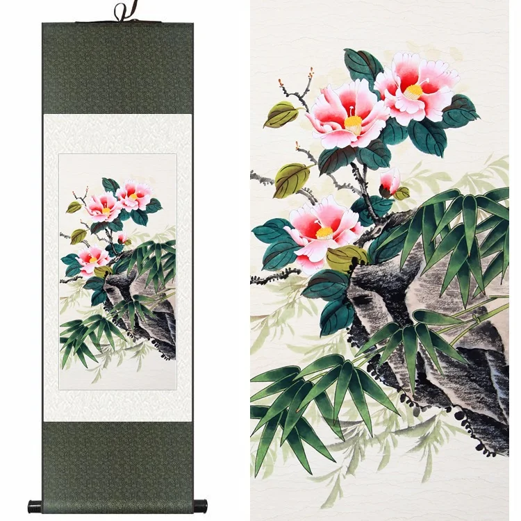 

Traditional Chinese Silk watercolor flower ink Red Camellia Bamboo print art canvas wall picture damask framed scroll painting