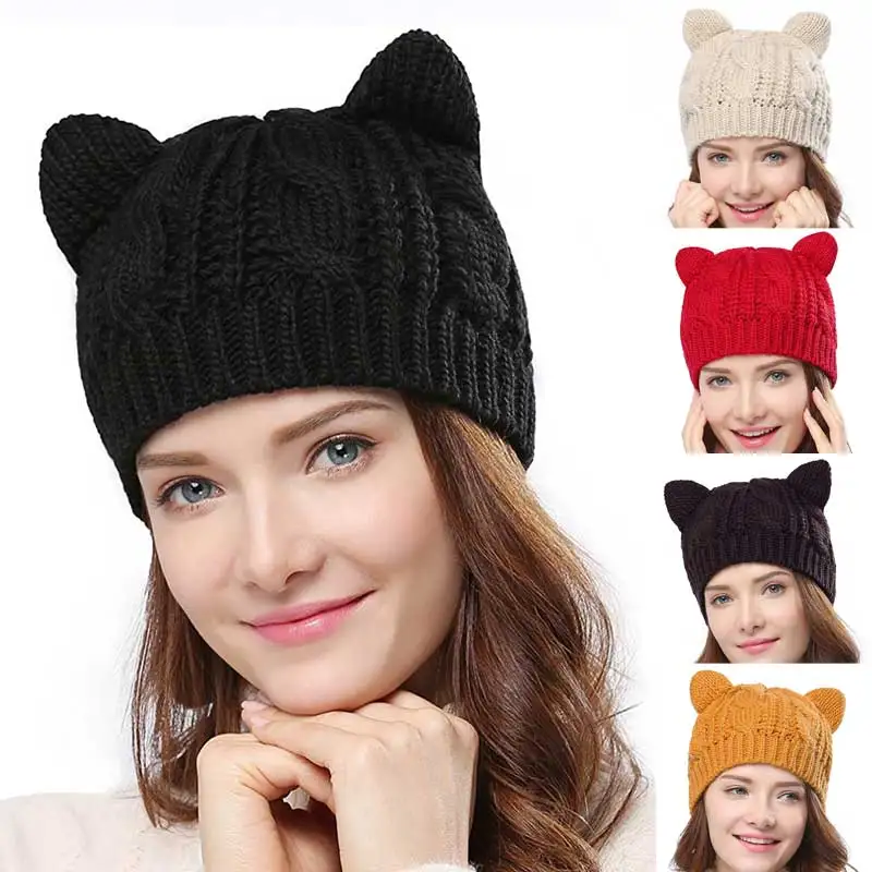 

2018 Vogue Women's Knitted Caps with Cat Ears Sharp Knitting Hats Warm Women Beanies Crochet Hats Hip Hop Cap Ski Hat