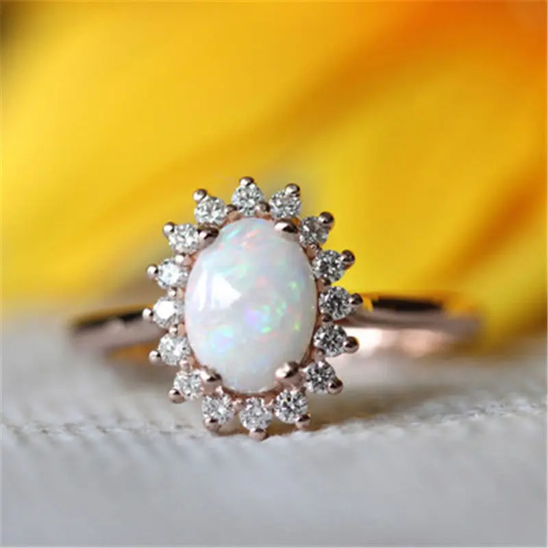 Элегантный Радужный опал кольцо Мода белый Белый позолоченный браслет однотонный цвет розовое золото кольца для помолвки/обязательства для женщин anillos