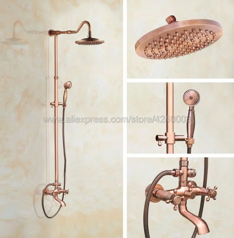 

Antique Red Copper Rain Shower Faucet Set Dual Corss Handle Tub Mixer Tap W/Handheld Shower Krg649