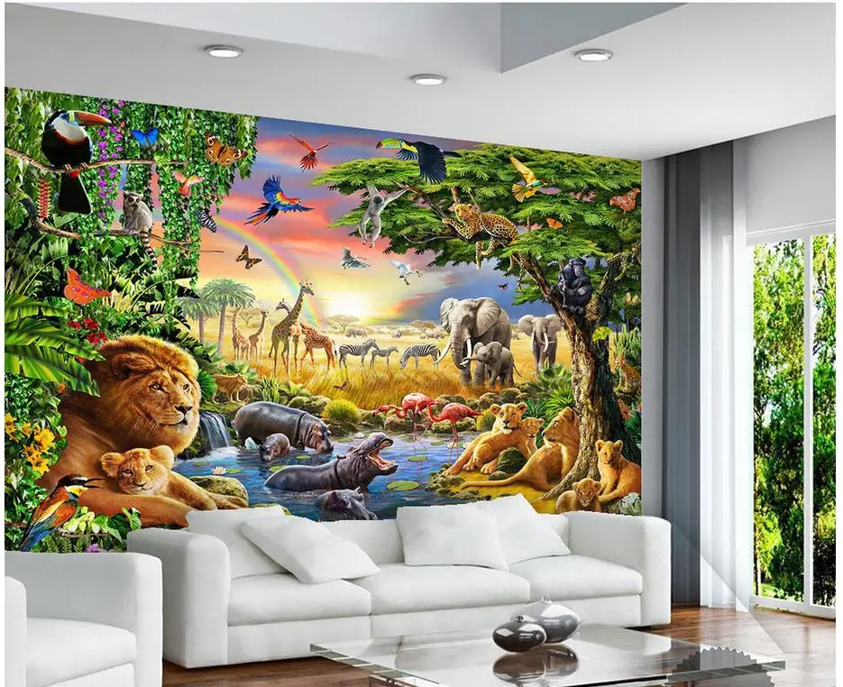 Пользовательские фото обои 3d фрески обои радуга зеленый лес попугай слон животные детская живопись обои домашний декор