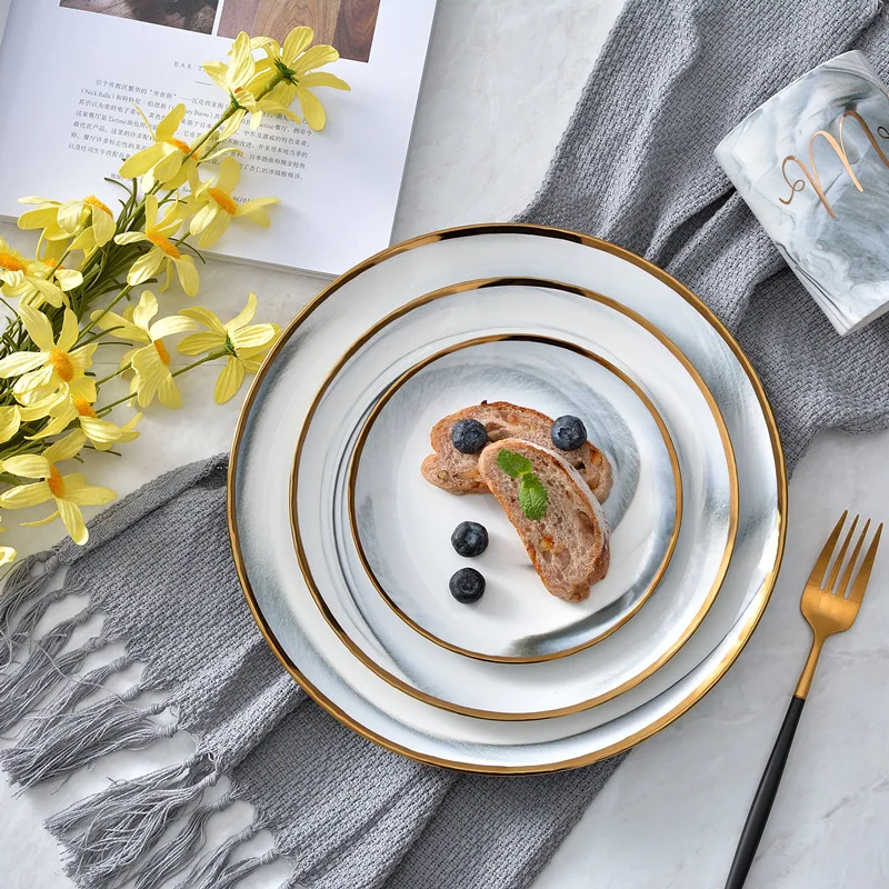 

Marbled Western Plate Creative Steak Plate Dinner Plate Ceramic Marbled Gold Plate Sets Dessert Dish