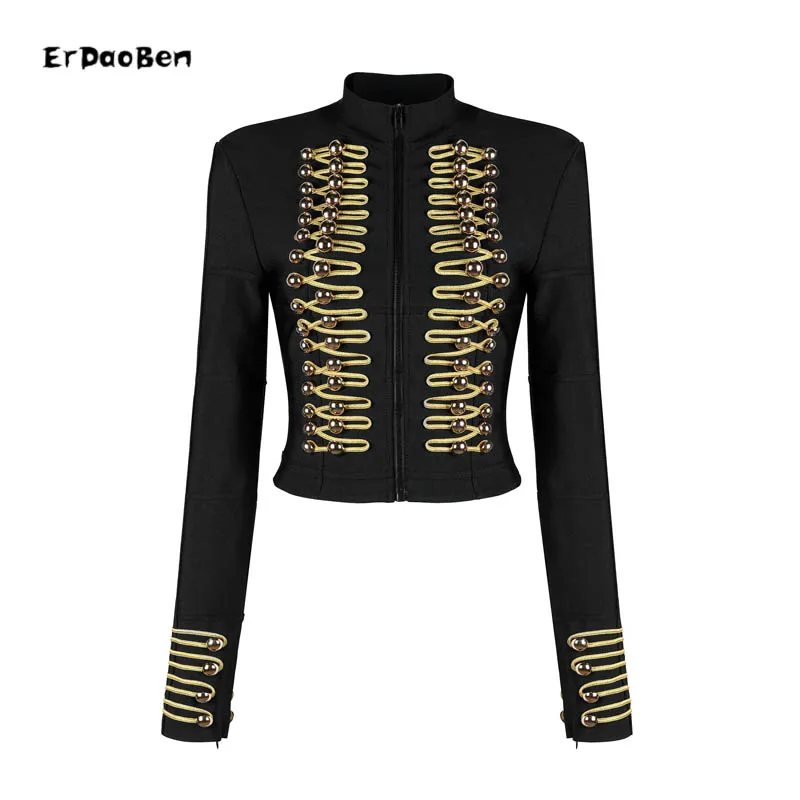 

ERDAOBEN Unique Runway Fashion Rock Punk Jacket Women's Wool Blends Gold Buttons Army Napoleon Jacket H5365