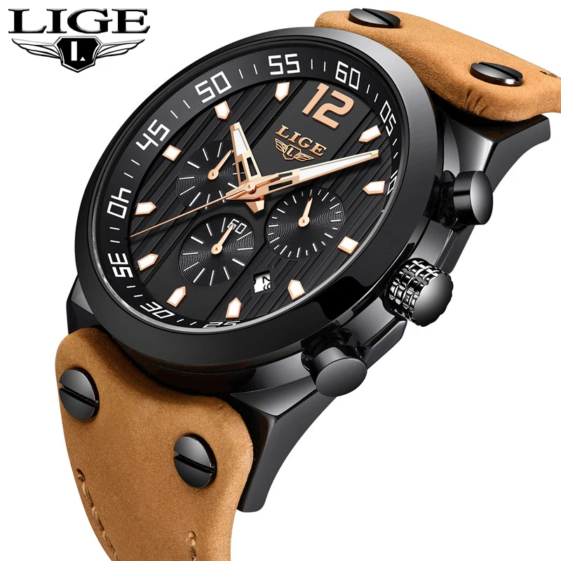 

LIGE Mens Watches Top Brand Luxury Men Military Sport Watch Men Waterproof Leather Watch Quartz Clock Relogio Masculino+Box