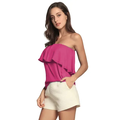 

Summer New Style Fashion Women Off Shoulder sleeveless top shirt Strapless Bandeau chiffon Blouse backless Ruffle shirt women