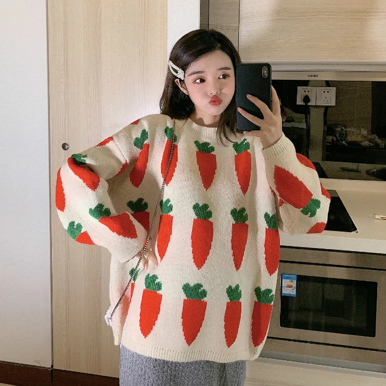 Women's Clothing Cute Kawaii Thick Loose Carrot Embroidery Sweater Lady