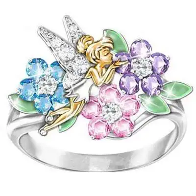 

Huitan Magic Fairy Shaped Ring With Colorful Cubic Zircon Setting Flower Leaf Women Ring Band Birthday Gift For Girlfriend