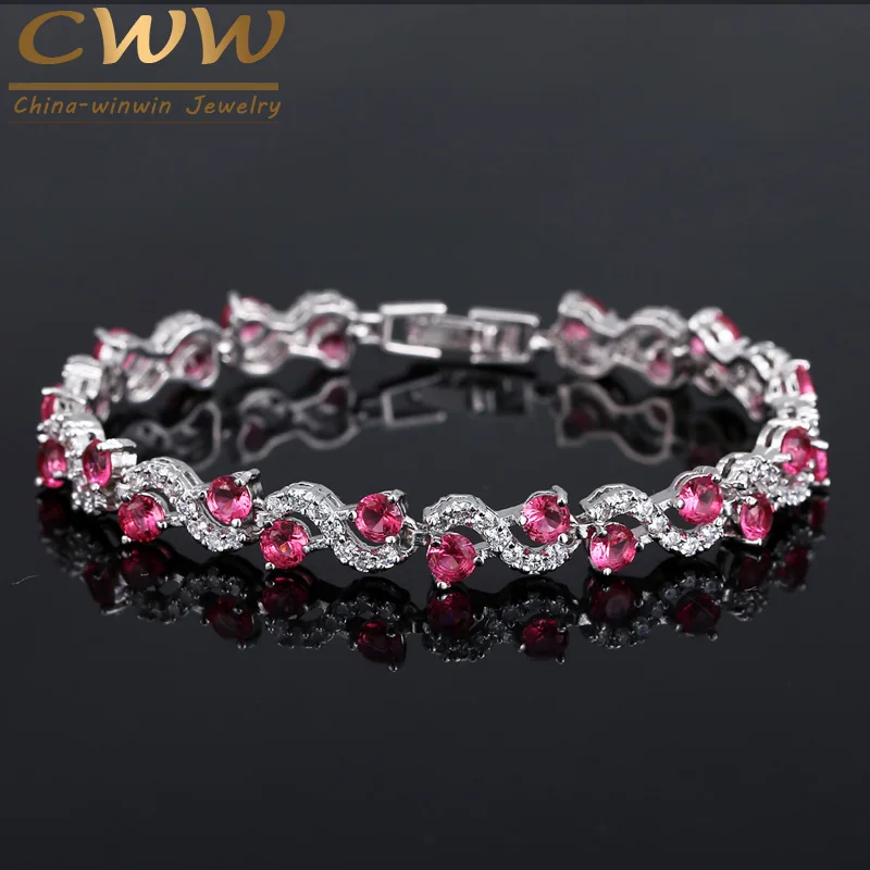 Prix pour CWWZircons De Luxe Argent Couleur Rose Rouge Cristal Pierre Femmes Bracelets Bracelets Avec Cubique Zircone Bijoux De Noël Cadeau CB156 Prix pour CWWZircons De Luxe Argent Couleur Rose Rouge Cristal Pierre Femmes Bracelets Bracelets Avec Cubique Zircone Bijoux De Noël Cadeau CB156