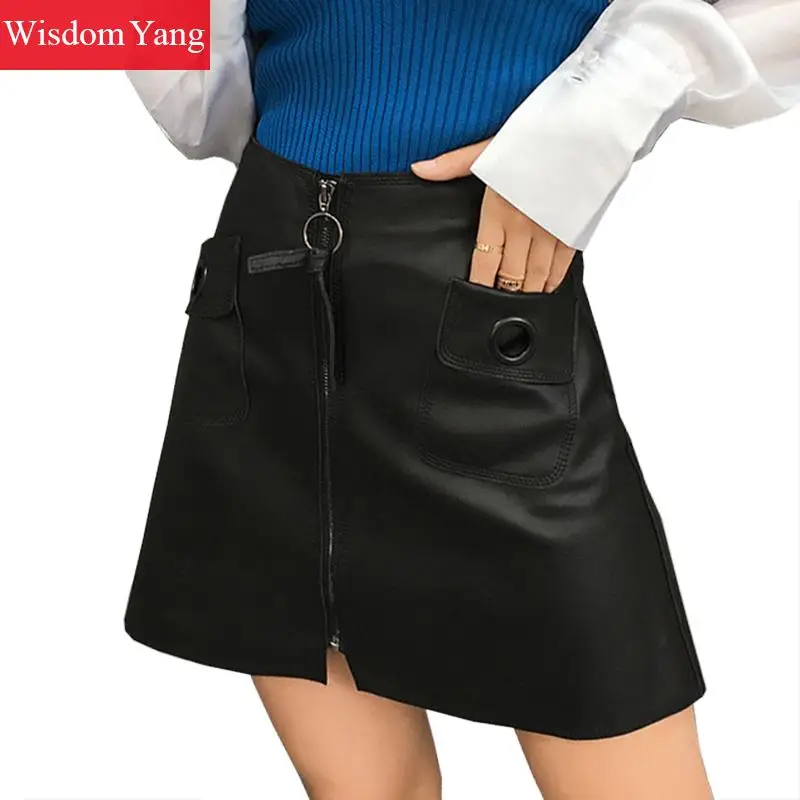 

Black Real Genuine Leather Skirt High Waisted Mini Skirts Zipper Womens Bodycon Sexy Party Pockets Office Ladies Bow Aline S