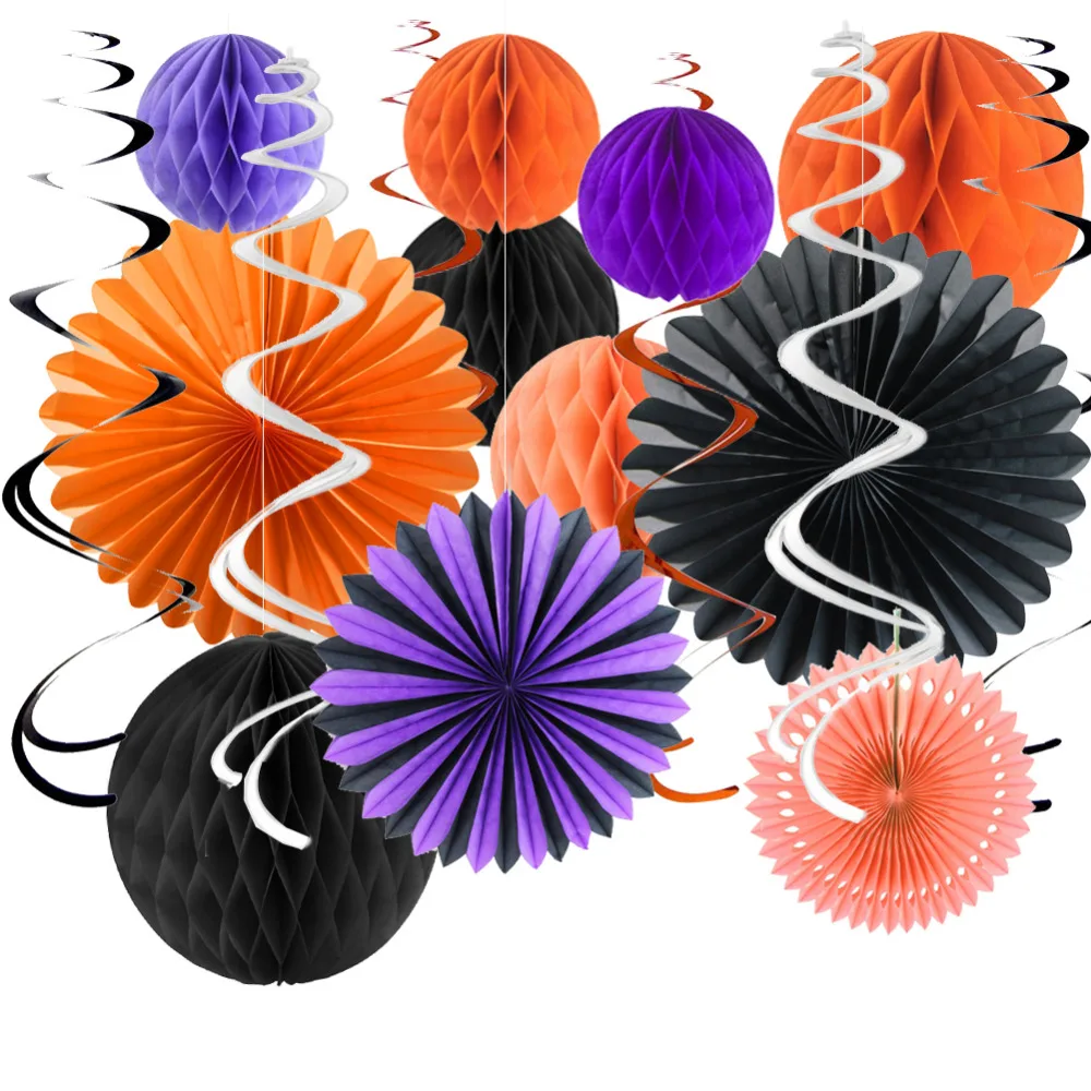 12pcs Halloween Decorations Ceiling Swirls Assorted Paper Fans Hanging