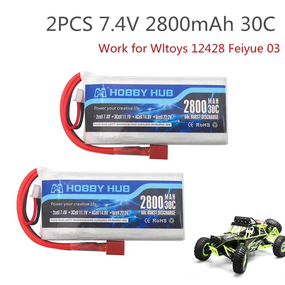 2PCS Hobby Hub Lipo Battery 2s 7.4V 2800mAh 30C Max 60C For Wltoys 12428 feiyue 03 Q39 upgrade parts vs 2700mah