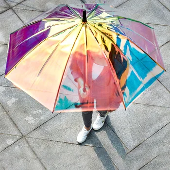 

Laser Transparent Umbrella Black Color Long Handle Outdoor Travel Umbrella Automatic Rain Sunshade Umbrellas