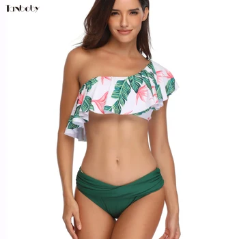 

Bikini 2019 Two-piece Swim Beachwear Retro Printing One Shoulder Swimming Suit High Waist Halter Bikinis With Padded Swimwear