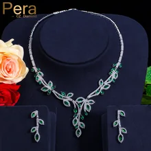 PERA CZ Роскошные брендовые нигерийской и африканском стиле Для женщин большой лист Форма Костюм на свадьбу и праздник Элегантный комплект серьги и кулон с натуральный зеленый фианит J138