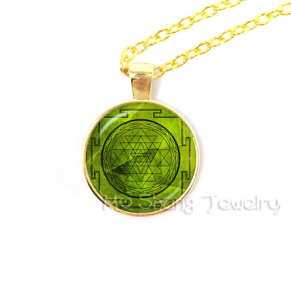 SRI YANTRA Mandala Glass Necklace Green Pendant Buddhist Silver Chain Glass